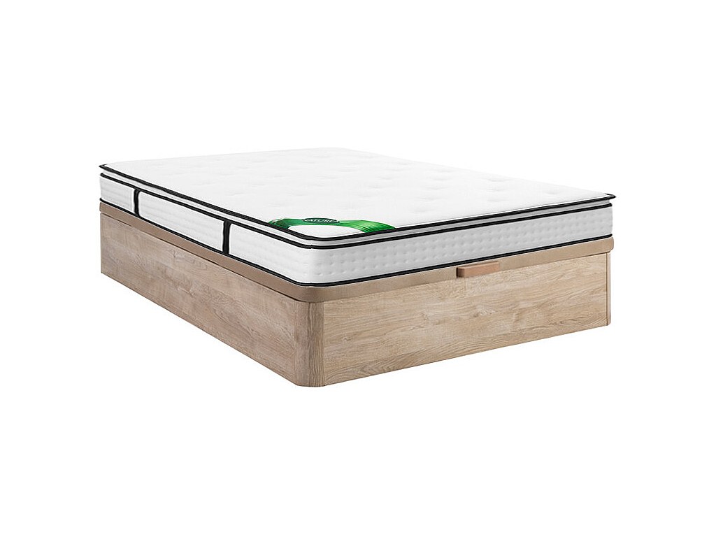 Ensemble 160 x 200 cm sommier coffre naturel clair + matelas ressorts ensachés 7 zones surmatelas intégré et coutil bambou ép.26cm - MIREZA de NATUREA