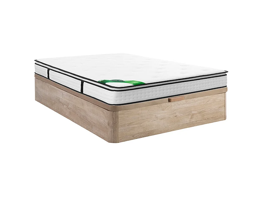 Zestaw 160 x 200 cm: stelaż skrzyniowy w jasnym naturalnym kolorze + materac z 7-strefowymi sprężynami kieszeniowymi, wbudowanym topperem i pokrowcem bambusowym o grubości 26 cm – MIREZA od NATUREA