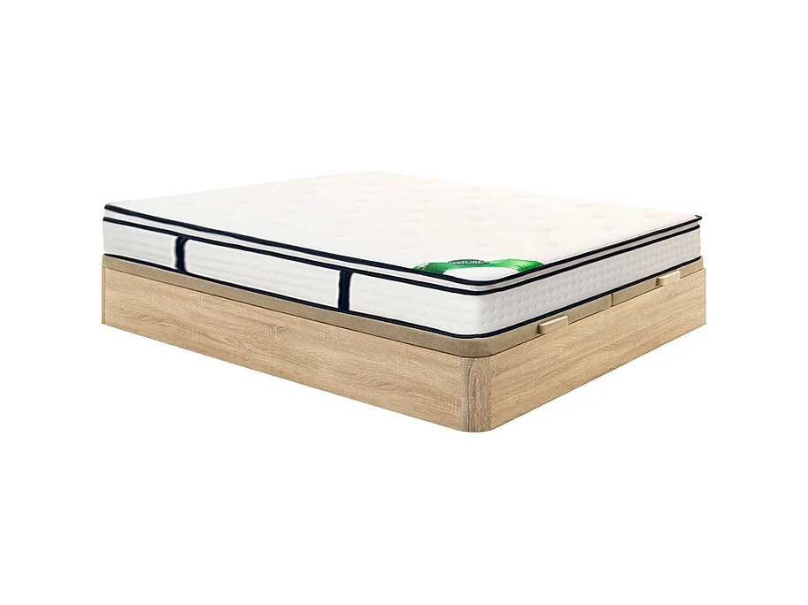 Set 180 x 200 cm rete letto contenitore color naturale chiaro + materasso a molle insacchettate 7 zone con topper integrato e rivestimento in bambù sp.26cm - MIREZA di NATUREA