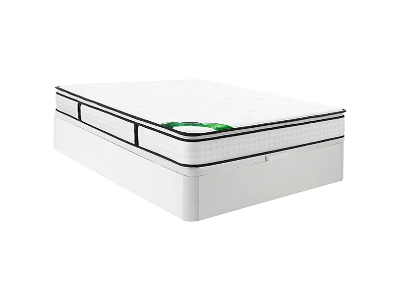 Ensemble 140 x 190 cm sommier coffre blanc + matelas ressorts ensachés 7 zones surmatelas intégré et coutil bambou ép.26cm - MIREZA de NATUREA