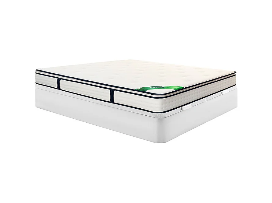Zestaw 180 x 200 cm: stelaż skrzyniowy w białym kolorze + materac z 7-strefowymi sprężynami kieszeniowymi, wbudowanym topperem i pokrowcem bambusowym o grubości 26 cm – MIREZA od NATUREA