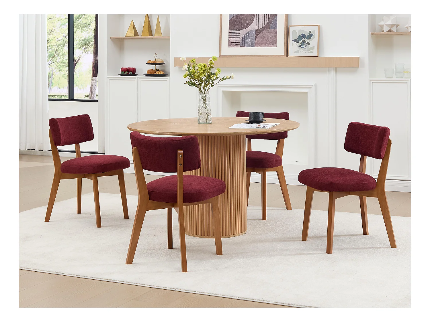 Lot de 4 chaises en bois - coussin bordeaux - élégantes et confortables - parfaites pour salle à manger ou cuisine
