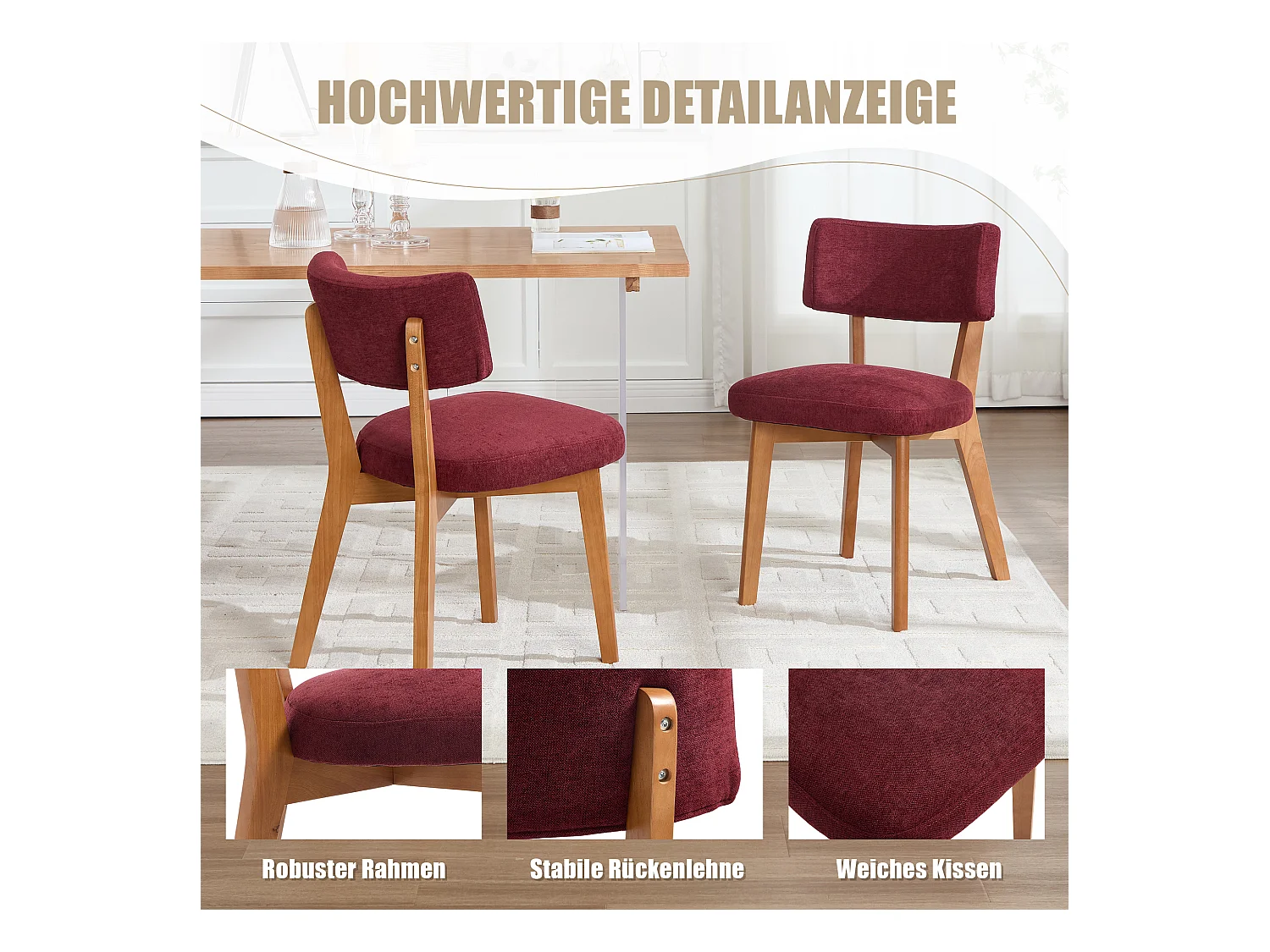 Lot de 4 chaises en bois - coussin bordeaux - élégantes et confortables - parfaites pour salle à manger ou cuisine