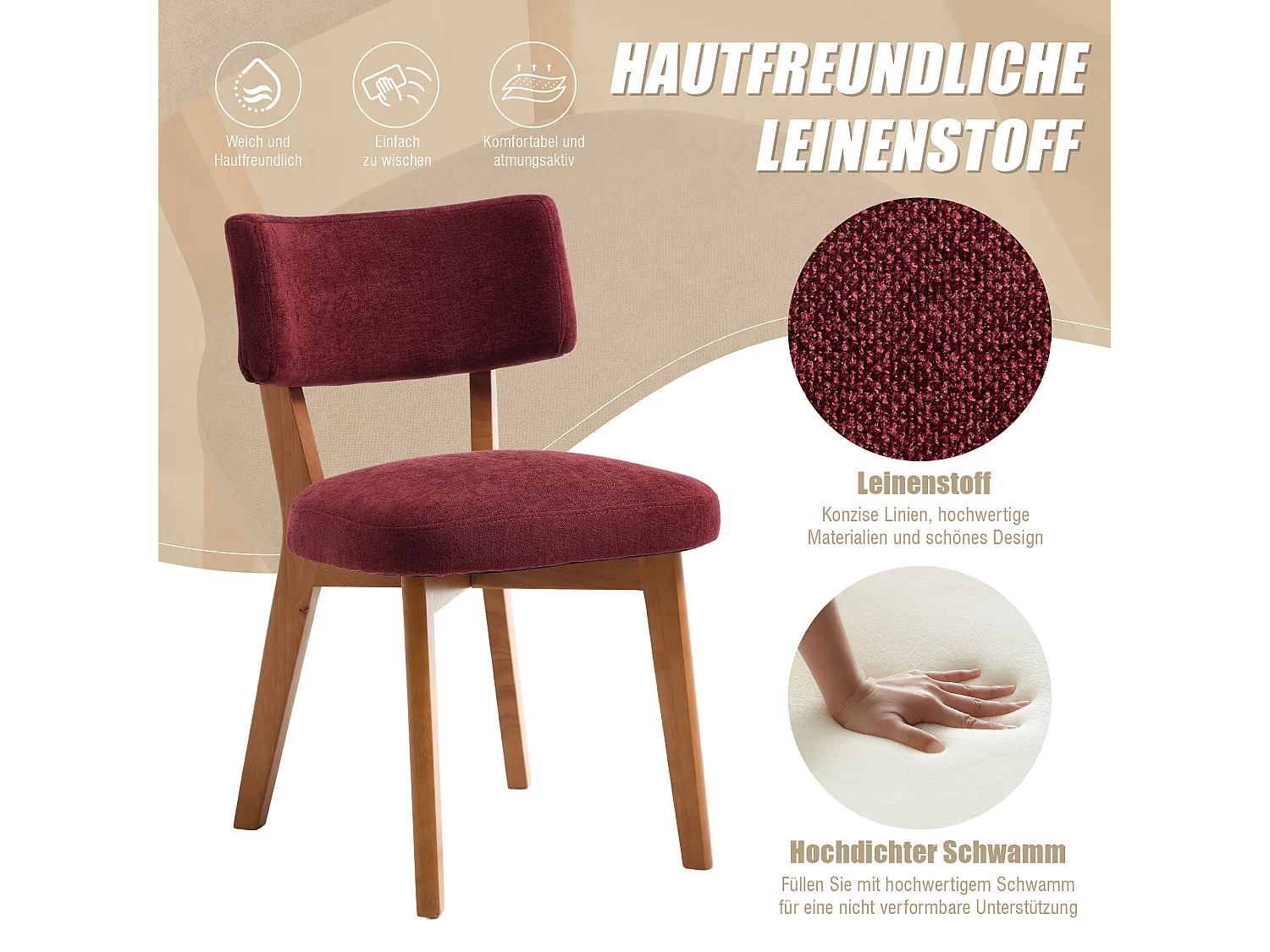 Lot de 4 chaises en bois - coussin bordeaux - élégantes et confortables - parfaites pour salle à manger ou cuisine