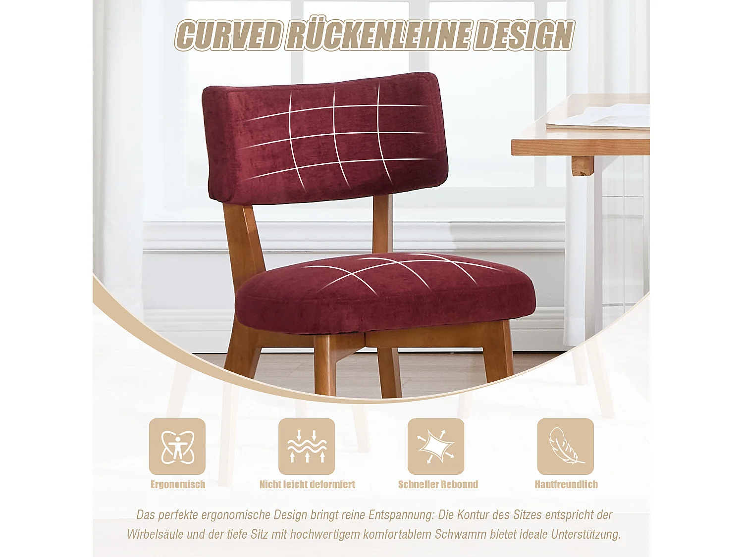 Lot de 4 chaises en bois - coussin bordeaux - élégantes et confortables - parfaites pour salle à manger ou cuisine