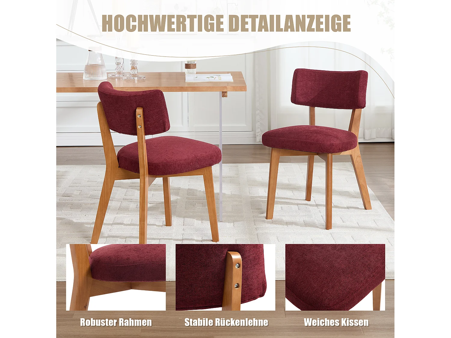 Lot de 4 chaises en bois - coussin bordeaux - élégantes et confortables - parfaites pour salle à manger ou cuisine