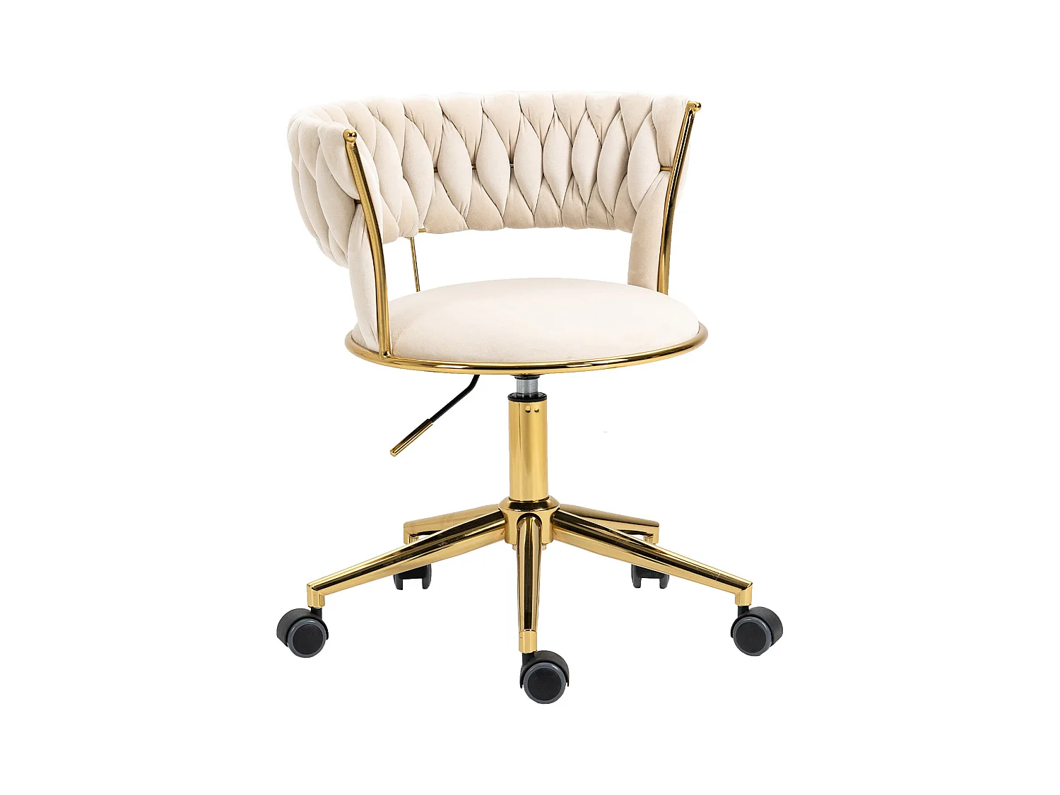 Chaise pivotant — tressage beige — structure métallique dorée — découpe taille ajourée — réglable en hauteur — multi‑usage