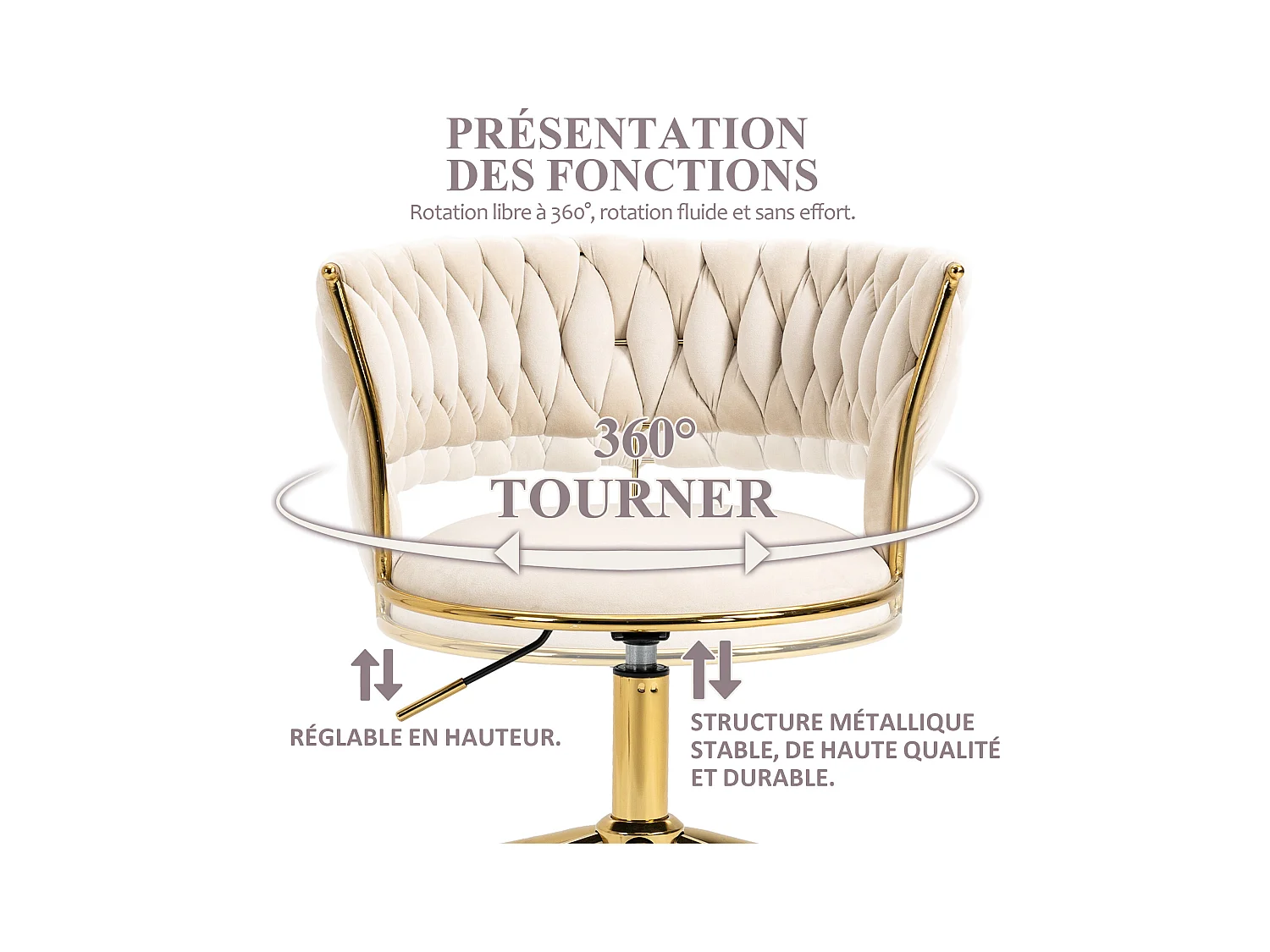 Chaise pivotant — tressage beige — structure métallique dorée — découpe taille ajourée — réglable en hauteur — multi‑usage