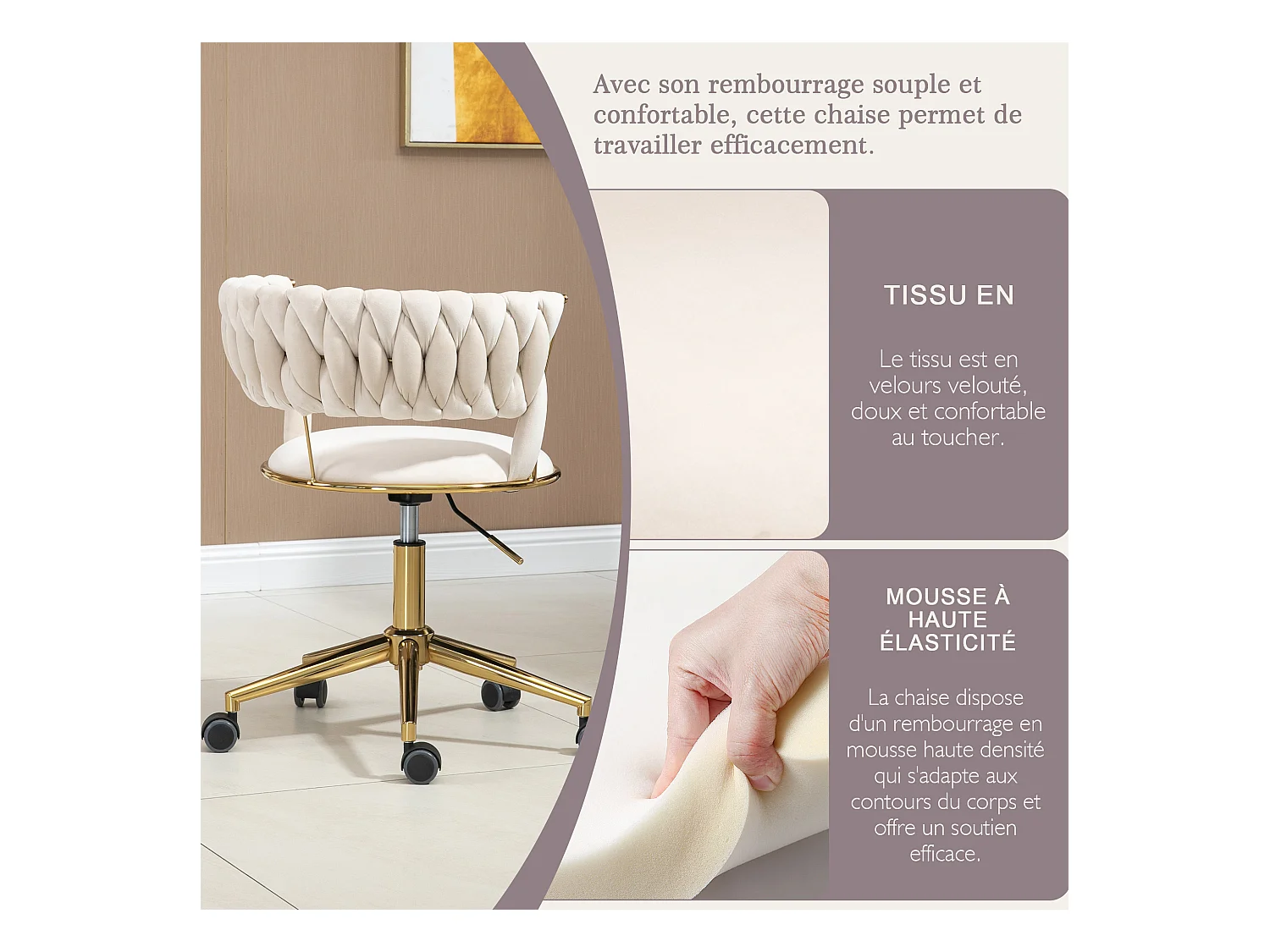 Chaise pivotant — tressage beige — structure métallique dorée — découpe taille ajourée — réglable en hauteur — multi‑usage