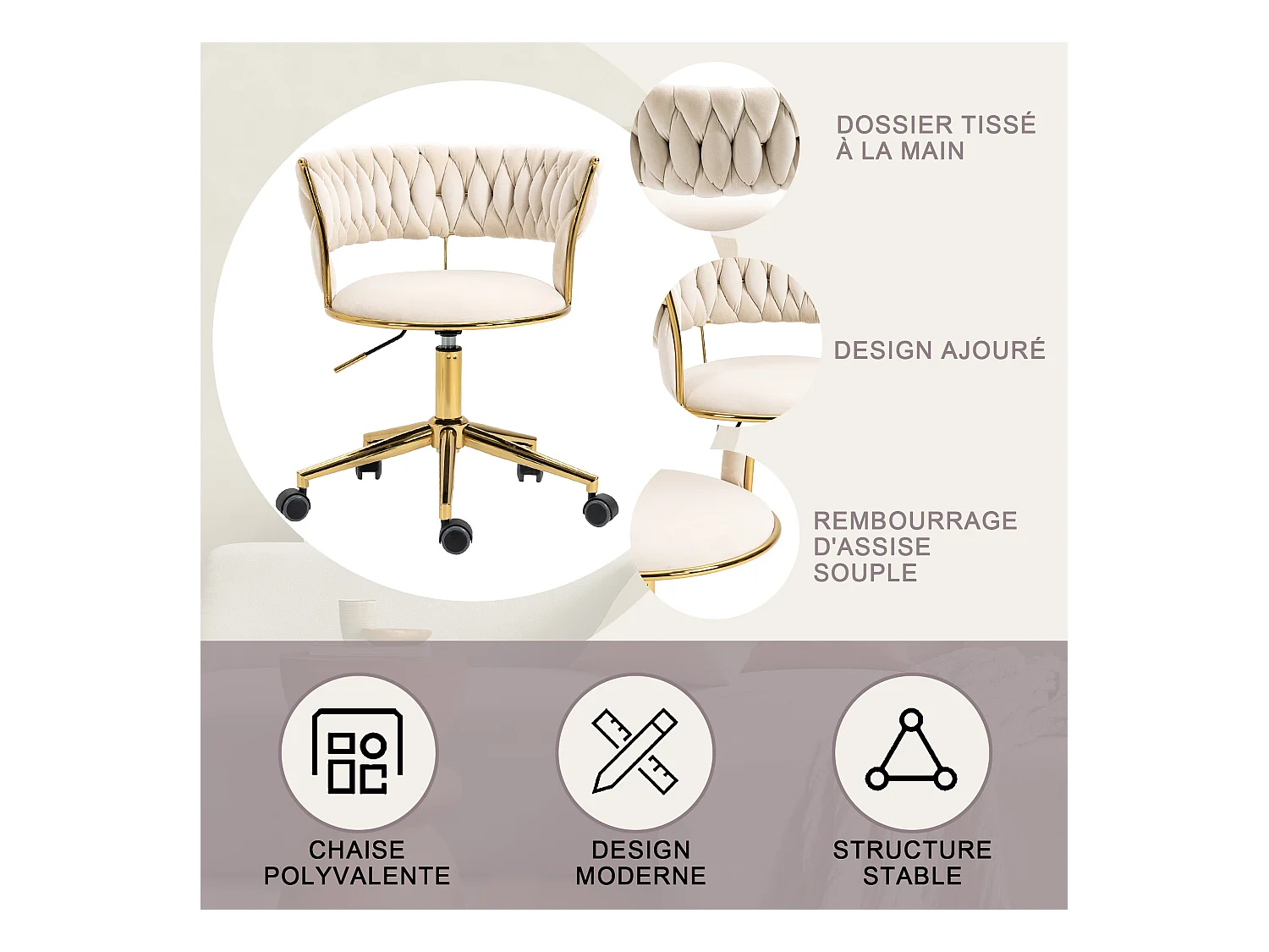 Chaise pivotant — tressage beige — structure métallique dorée — découpe taille ajourée — réglable en hauteur — multi‑usage