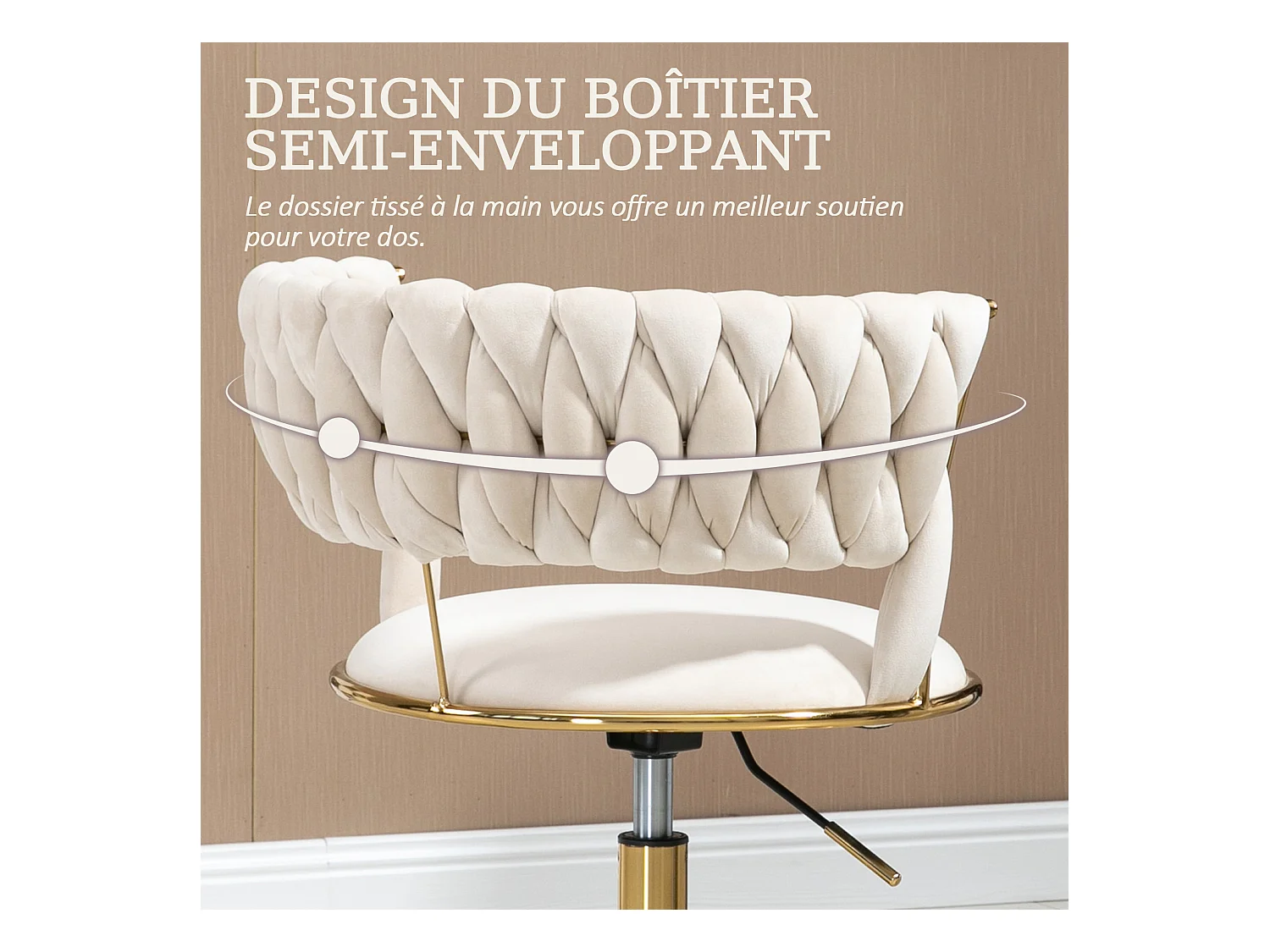 Chaise pivotant — tressage beige — structure métallique dorée — découpe taille ajourée — réglable en hauteur — multi‑usage