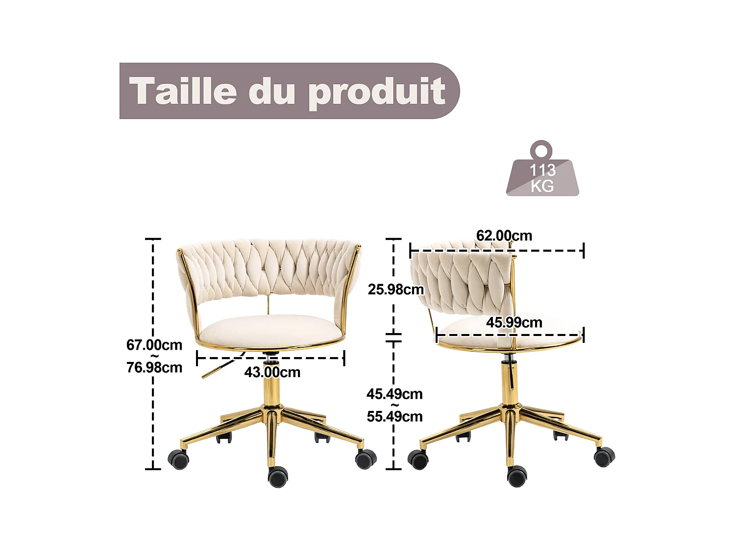 Chaise pivotant — tressage beige — structure métallique dorée — découpe taille ajourée — réglable en hauteur — multi‑usage