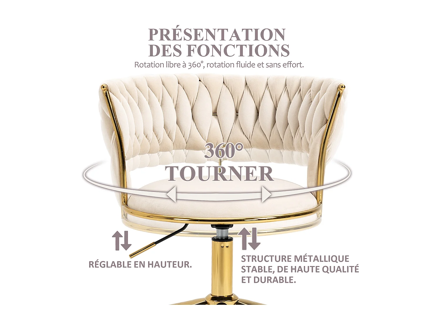 Chaise pivotant — tressage beige — structure métallique dorée — découpe taille ajourée — réglable en hauteur — multi‑usage