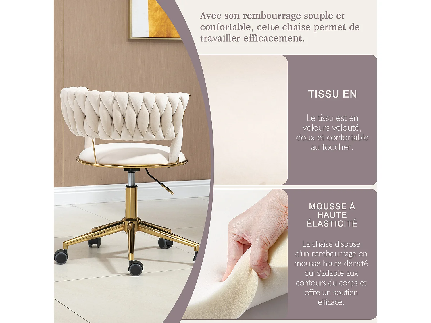 Chaise pivotant — tressage beige — structure métallique dorée — découpe taille ajourée — réglable en hauteur — multi‑usage