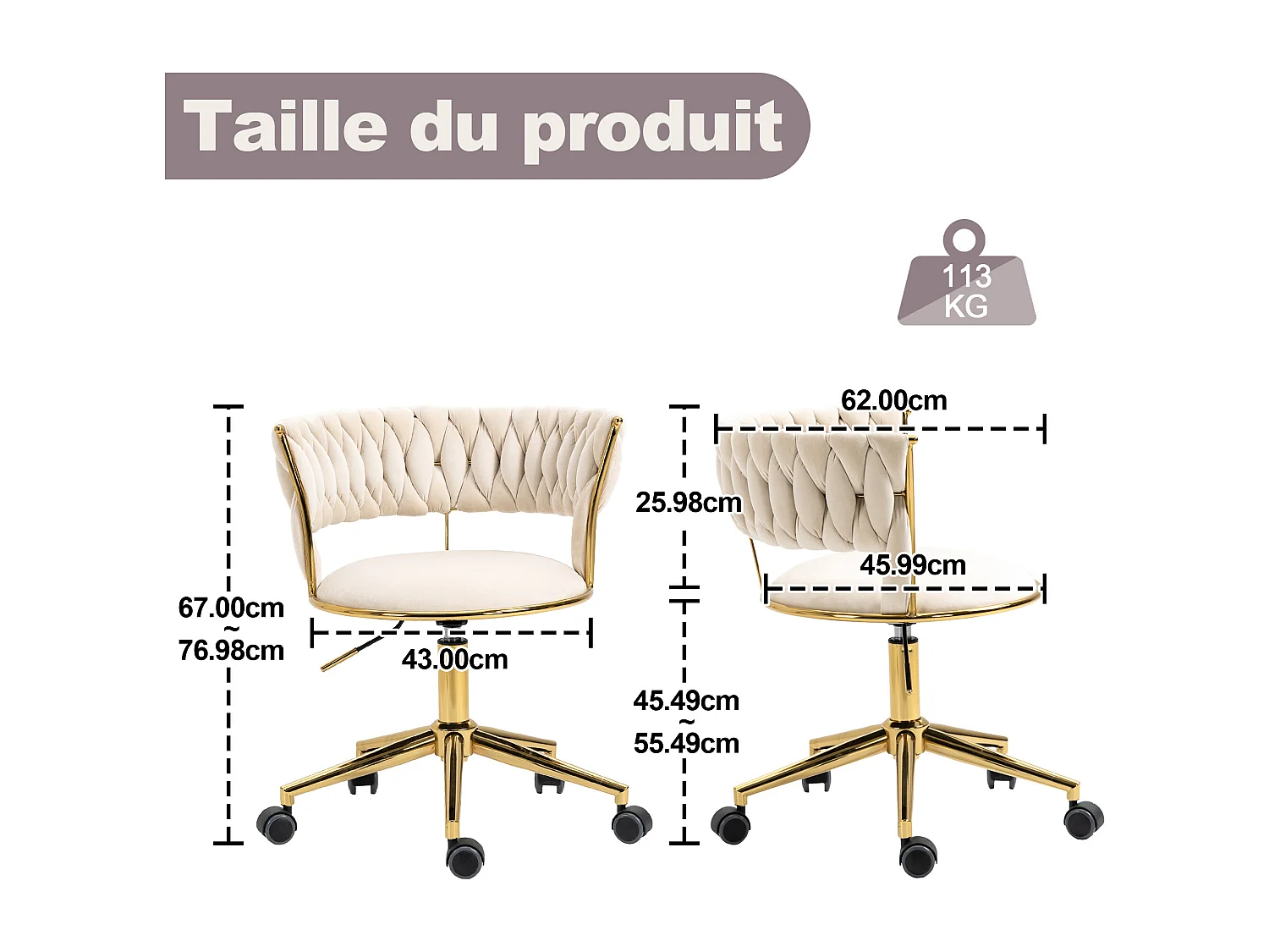 Chaise pivotant — tressage beige — structure métallique dorée — découpe taille ajourée — réglable en hauteur — multi‑usage
