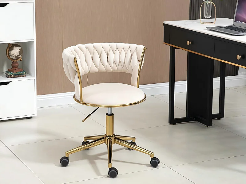 Chaise pivotant — tressage beige — structure métallique dorée — découpe taille ajourée — réglable en hauteur — multi‑usage