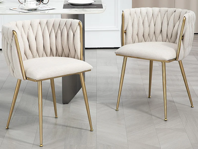 Lot de 2 Chaises Coquillage au Dossier Canné et aux Pieds Dorés - Beige - Élégance Bohème