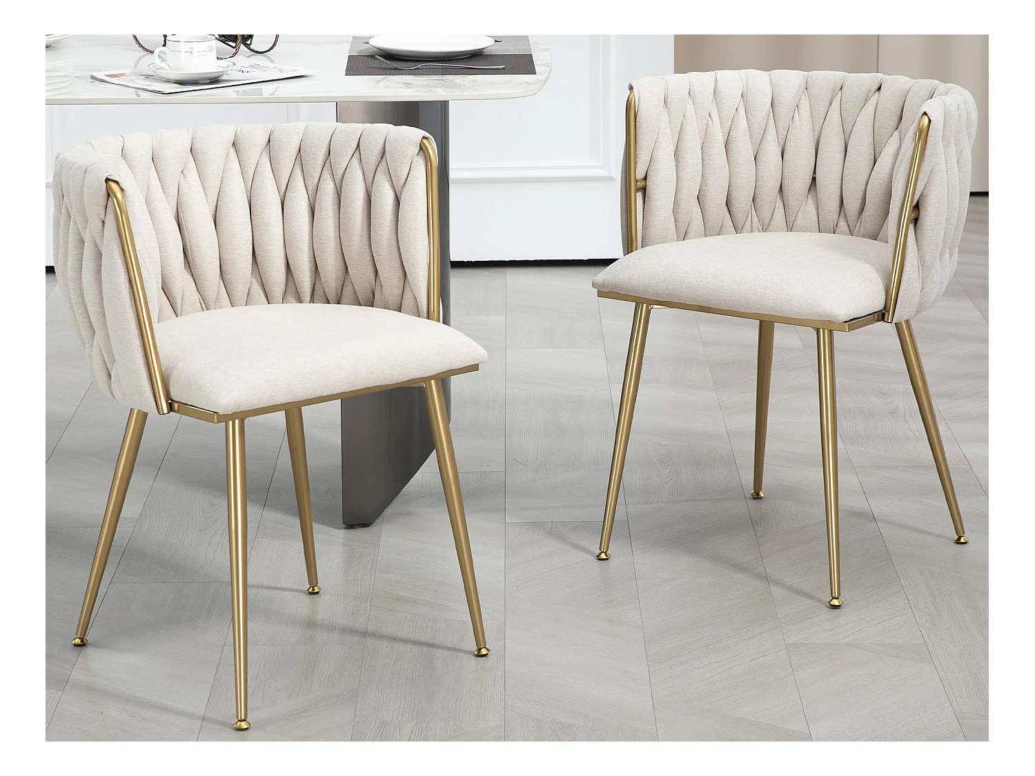 Lot de 2 Chaises Coquillage au Dossier Canné et aux Pieds Dorés - Beige - Élégance Bohème
