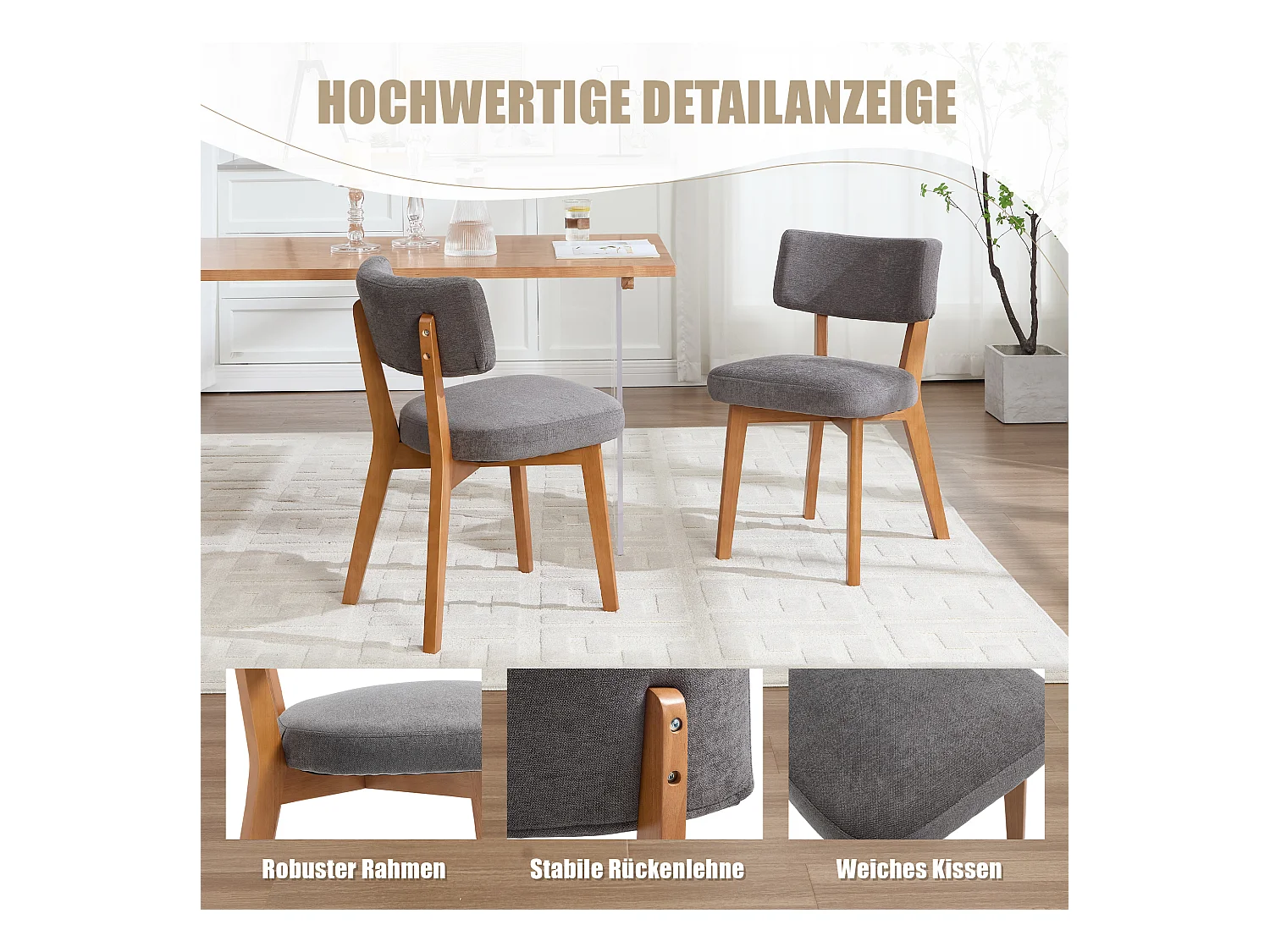 Lot de 4 chaises en bois - coussin gris - élégantes et confortables - parfaites pour salle à manger ou cuisine