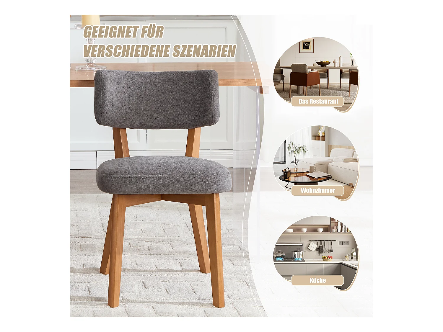 Lot de 4 chaises en bois - coussin gris - élégantes et confortables - parfaites pour salle à manger ou cuisine