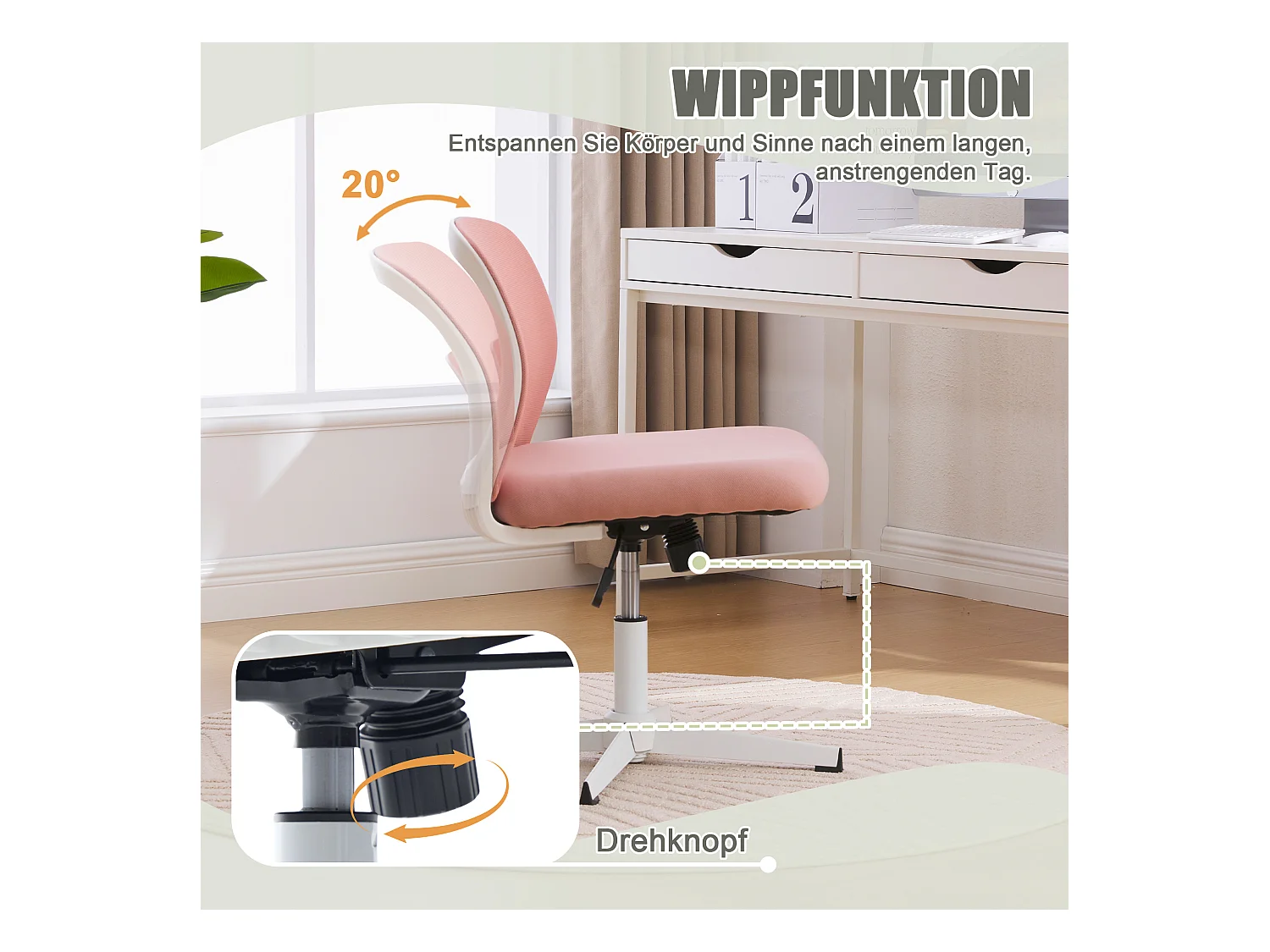 Fauteuil pivotant — réglable en hauteur — mesh rose respirant — dossier ergonomique