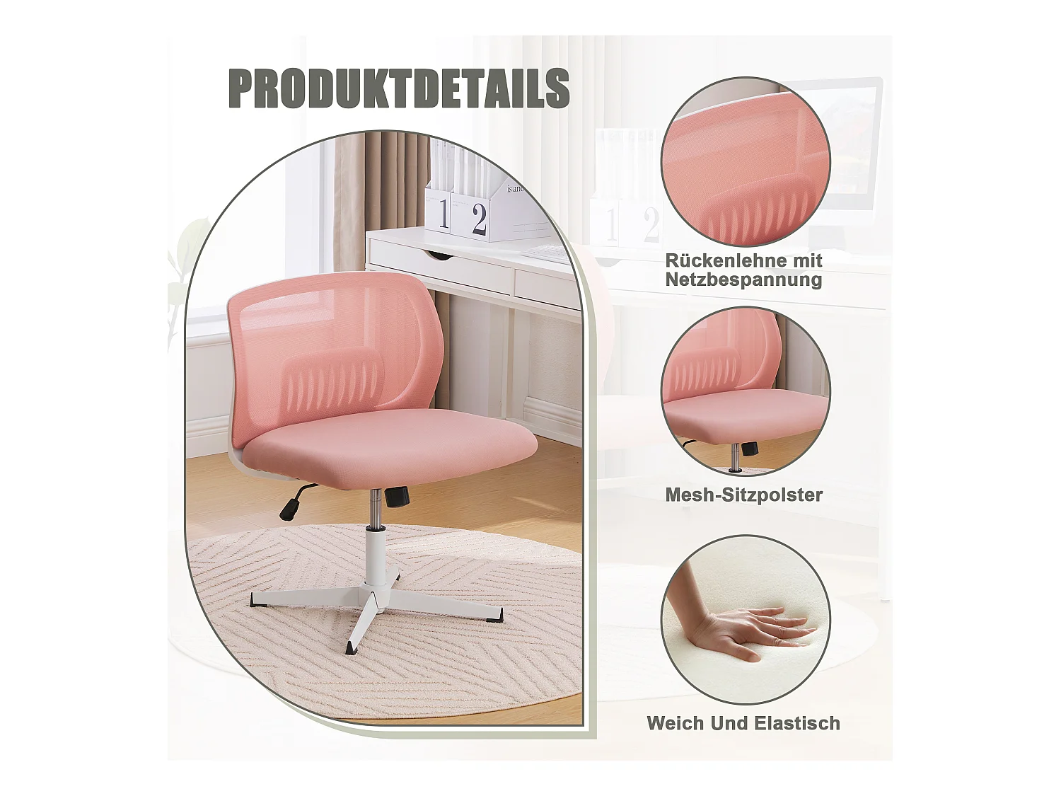 Fauteuil pivotant — réglable en hauteur — mesh rose respirant — dossier ergonomique