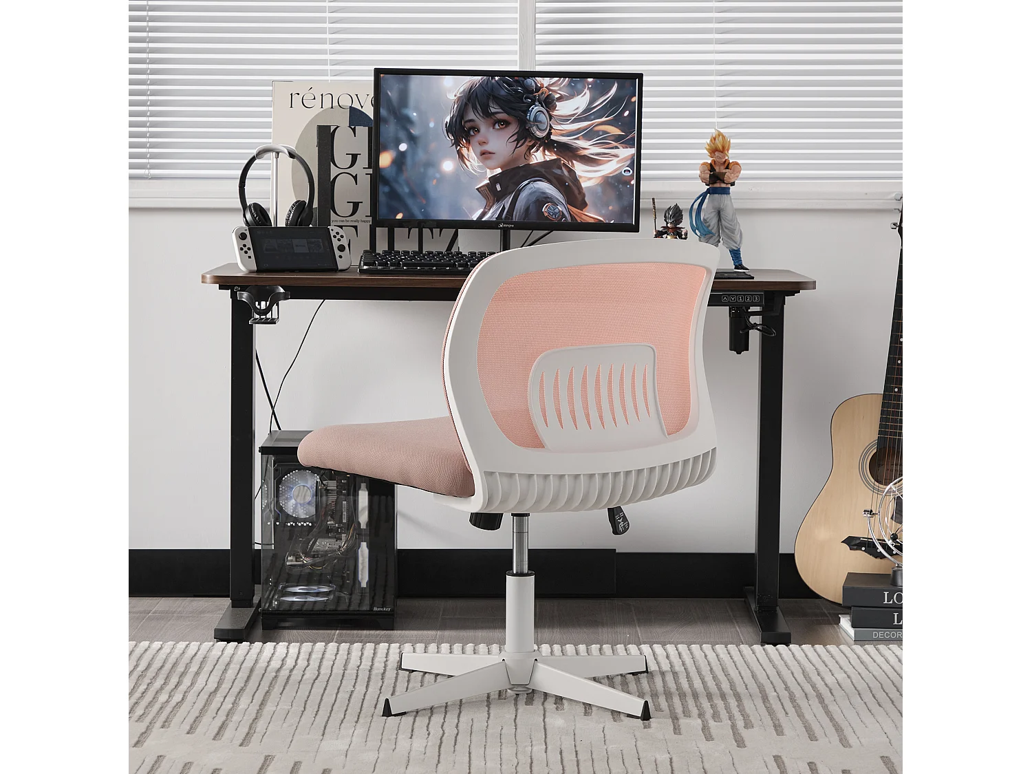 Fauteuil pivotant — réglable en hauteur — mesh rose respirant — dossier ergonomique