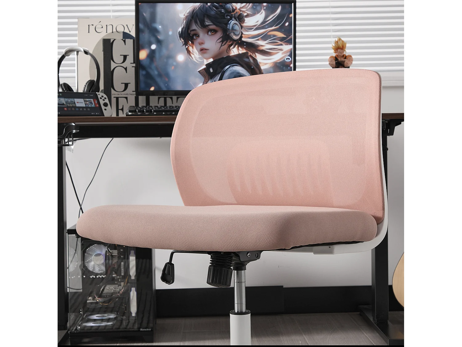 Fauteuil pivotant — réglable en hauteur — mesh rose respirant — dossier ergonomique
