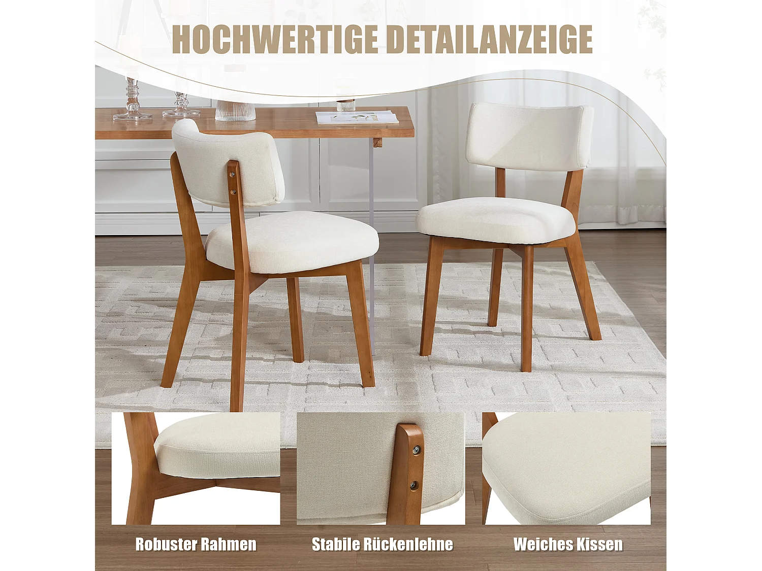 Lot de 2 chaises en bois - coussin beige - élégantes et confortables - parfaites pour salle à manger ou cuisine