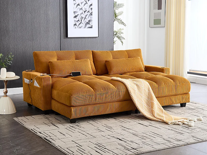 Canapé 2 places modulable en velours jaune – avec USB et porte‑gobelet – multifonction pour petit espace - 112x140x81cm