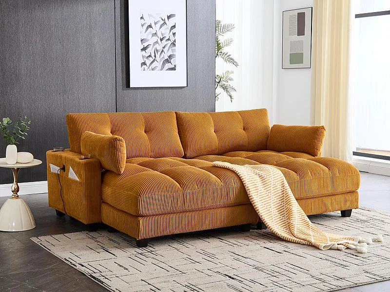 Canapé 2 places modulable en velours jaune – avec USB et porte‑gobelet – multifonction pour petit espace - 112x140x81cm