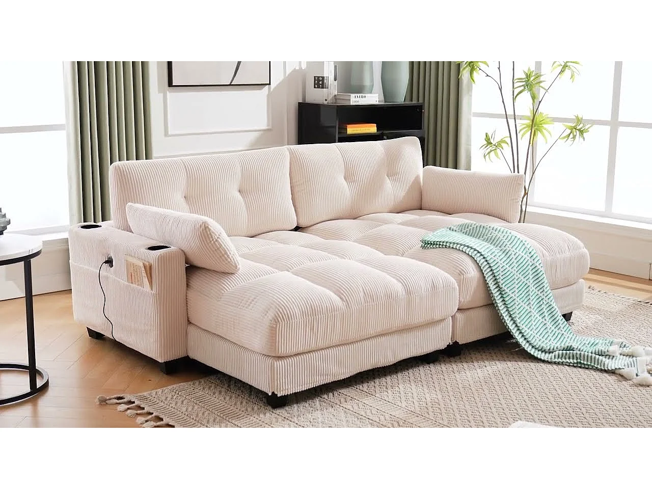 Canapé 2 places modulable en velours jaune – avec USB et porte‑gobelet – multifonction pour petit espace - 112x140x81cm