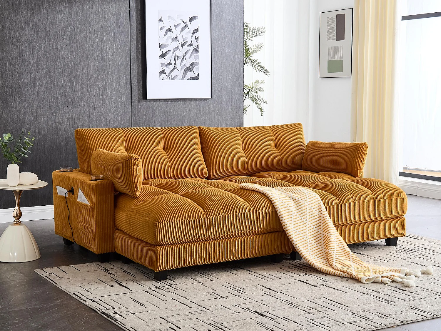 Canapé 2 places modulable en velours jaune – avec USB et porte‑gobelet – multifonction pour petit espace - 112x140x81cm