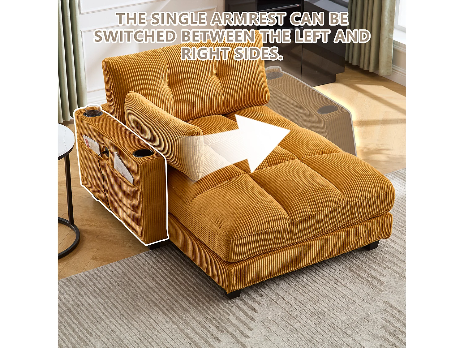 Canapé 2 places modulable en velours jaune – avec USB et porte‑gobelet – multifonction pour petit espace - 112x140x81cm