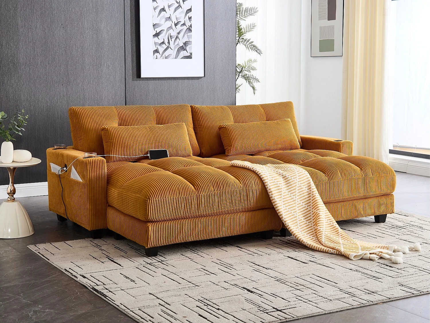 Canapé 2 places modulable en velours jaune – avec USB et porte‑gobelet – multifonction pour petit espace - 112x140x81cm