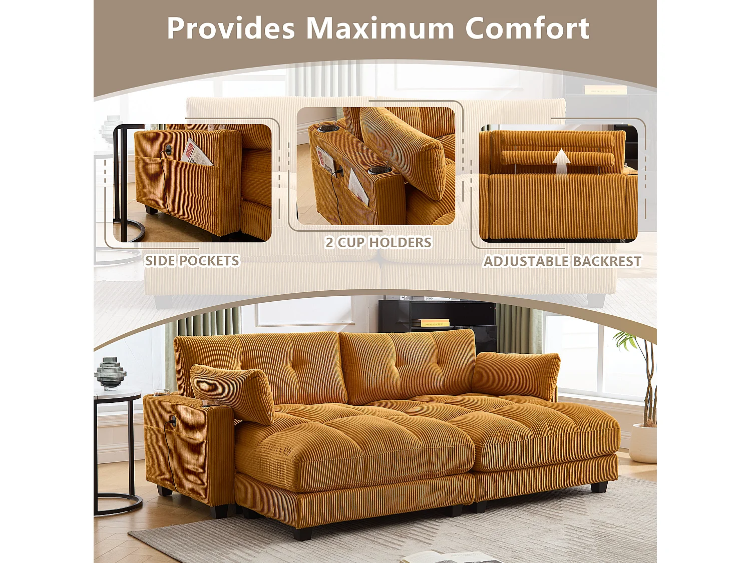 Canapé 2 places modulable en velours jaune – avec USB et porte‑gobelet – multifonction pour petit espace - 112x140x81cm