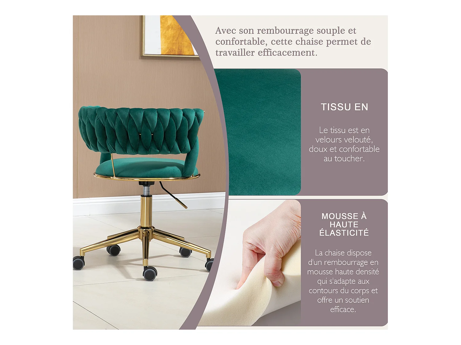 Chaise pivotant — tressage vert — structure métallique dorée — découpe taille ajourée — réglable en hauteur — multi‑usage