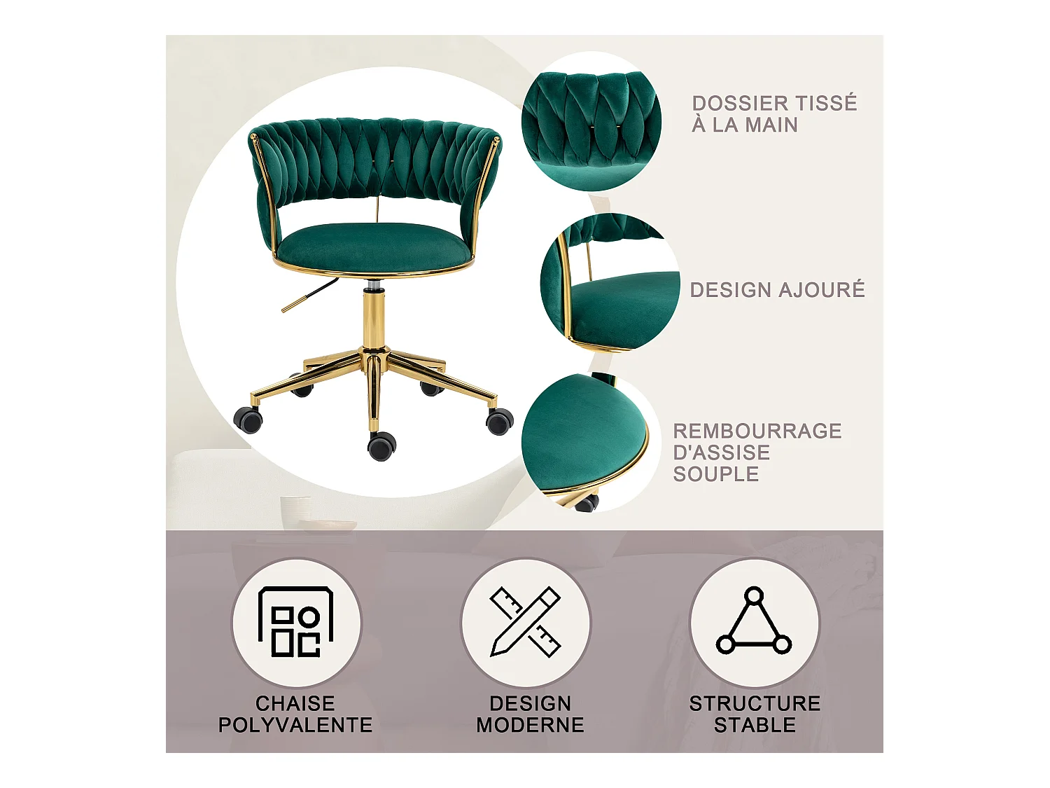 Chaise pivotant — tressage vert — structure métallique dorée — découpe taille ajourée — réglable en hauteur — multi‑usage