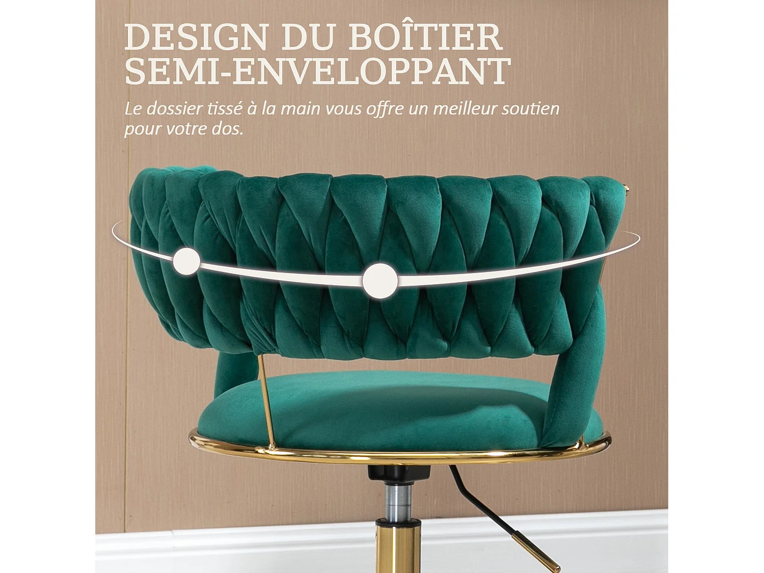 Chaise pivotant — tressage vert — structure métallique dorée — découpe taille ajourée — réglable en hauteur — multi‑usage