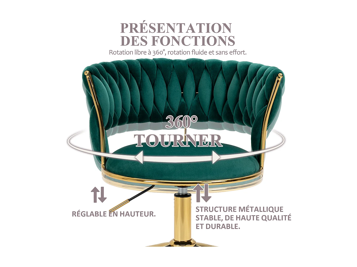 Chaise pivotant — tressage vert — structure métallique dorée — découpe taille ajourée — réglable en hauteur — multi‑usage