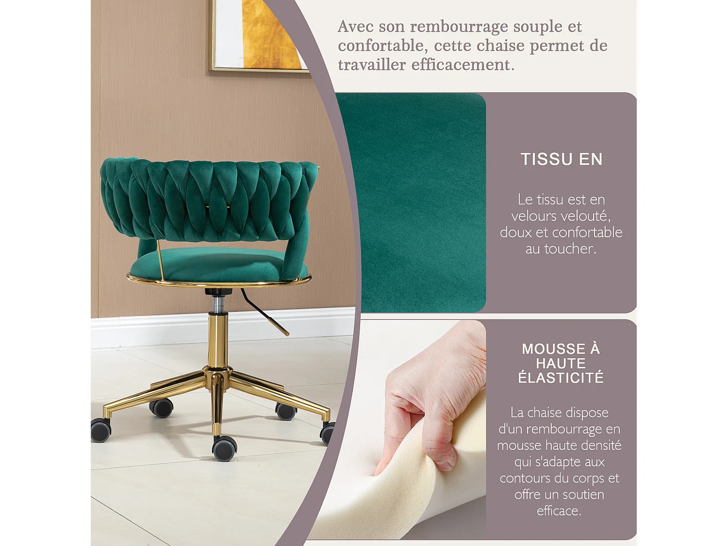 Chaise pivotant — tressage vert — structure métallique dorée — découpe taille ajourée — réglable en hauteur — multi‑usage