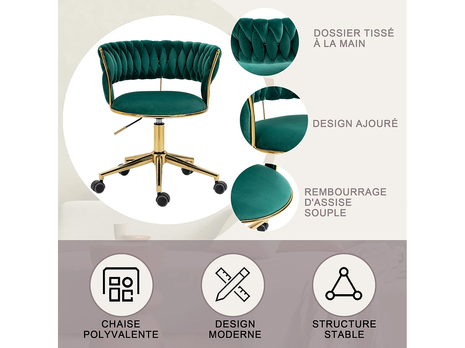 Chaise pivotant — tressage vert — structure métallique dorée — découpe taille ajourée — réglable en hauteur — multi‑usage