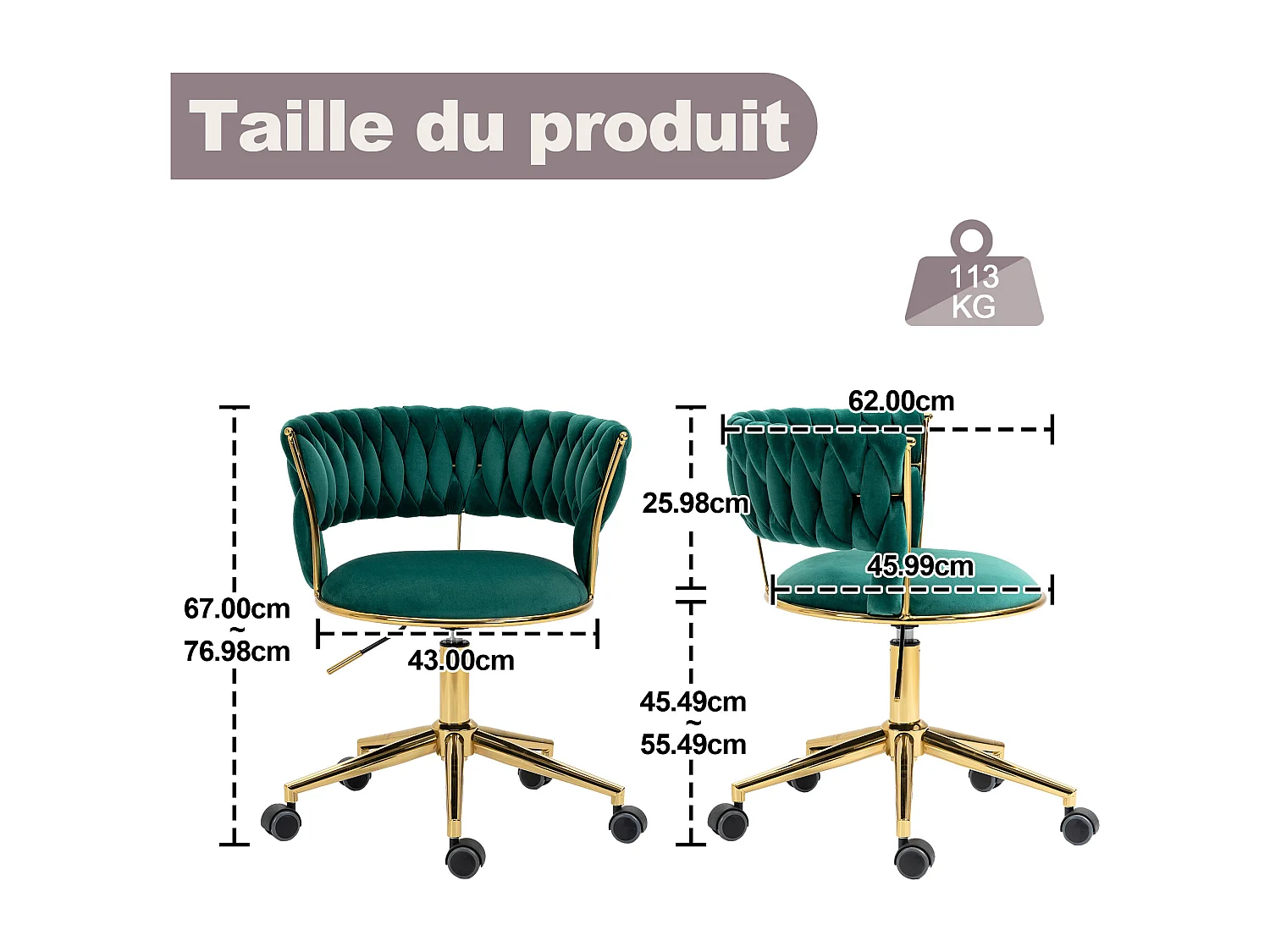 Chaise pivotant — tressage vert — structure métallique dorée — découpe taille ajourée — réglable en hauteur — multi‑usage