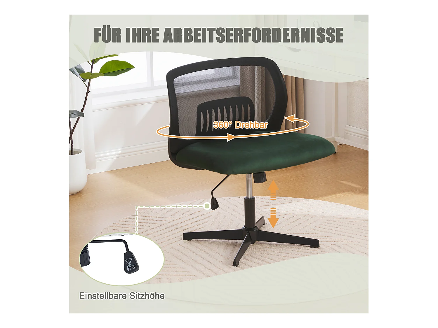 Fauteuil pivotant — réglable en hauteur — avec assise en velours vert — dossier ergonomique