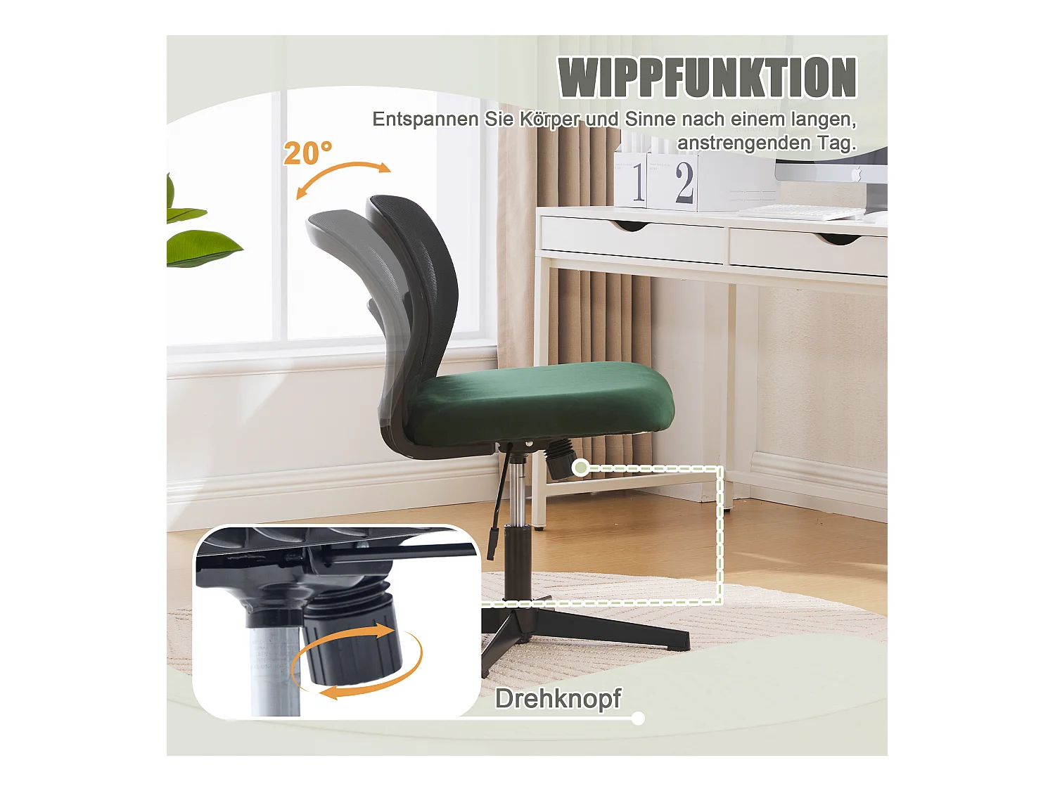 Fauteuil pivotant — réglable en hauteur — avec assise en velours vert — dossier ergonomique