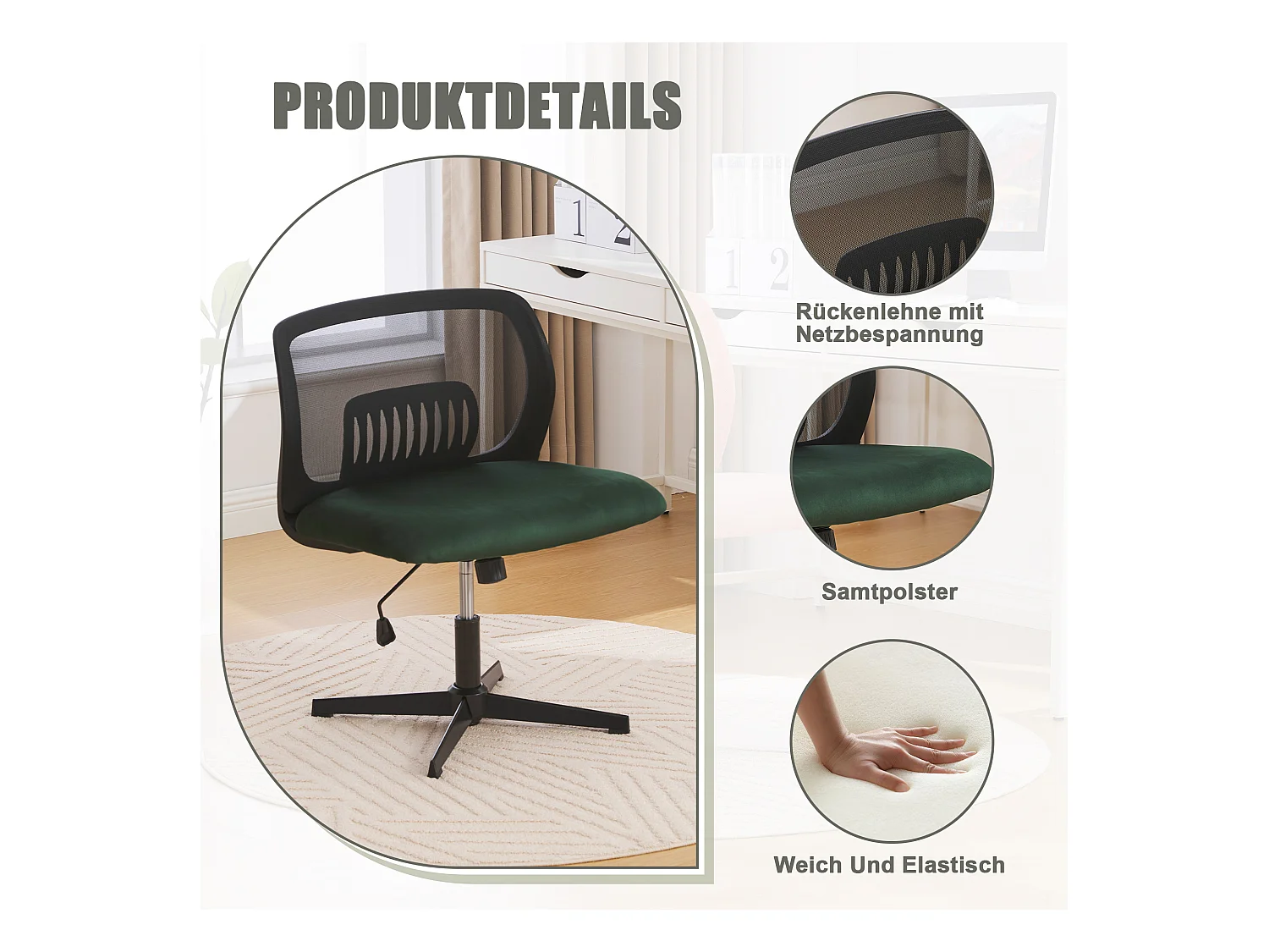 Fauteuil pivotant — réglable en hauteur — avec assise en velours vert — dossier ergonomique