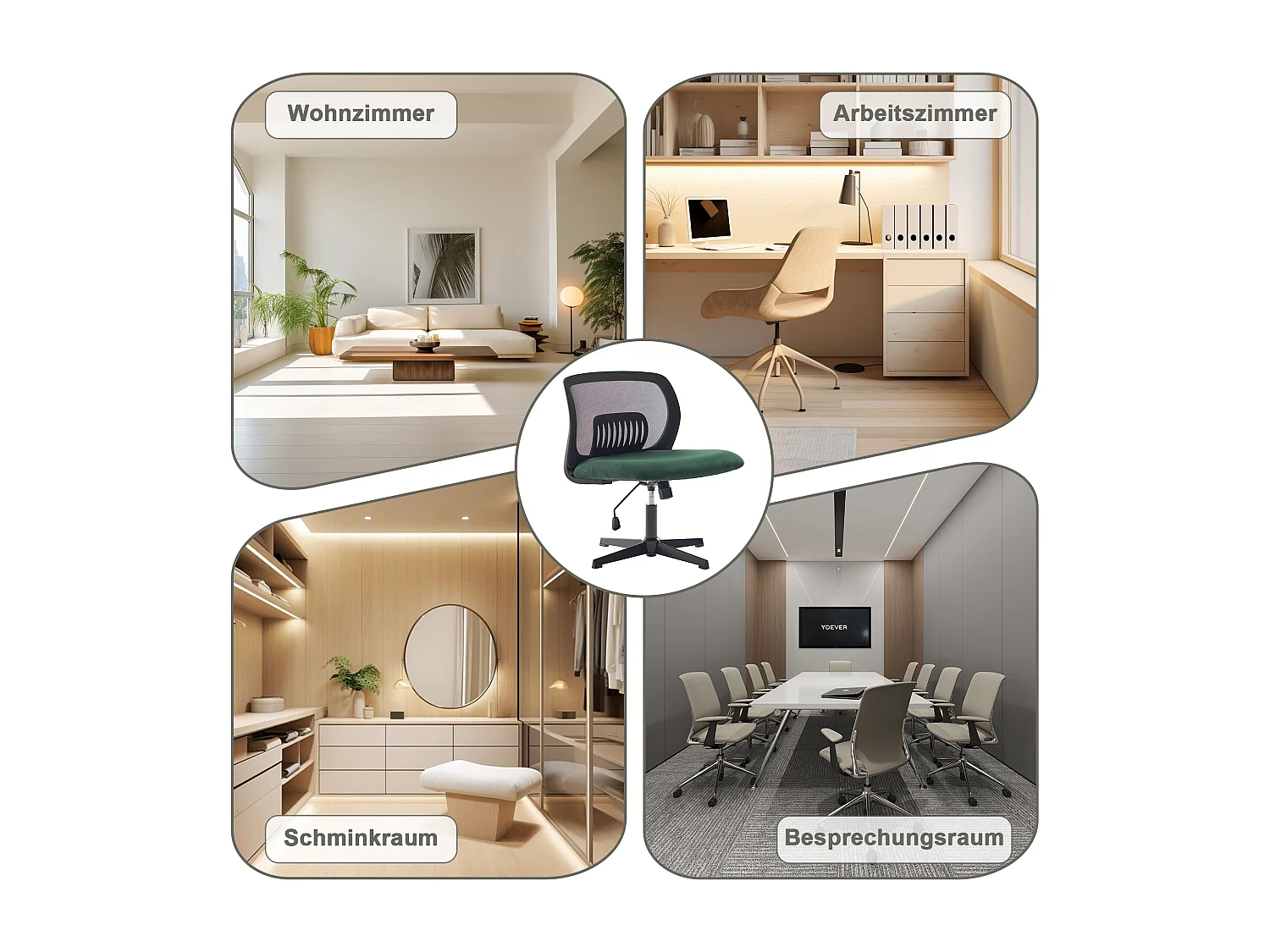 Fauteuil pivotant — réglable en hauteur — avec assise en velours vert — dossier ergonomique