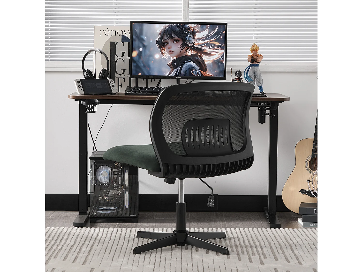 Fauteuil pivotant — réglable en hauteur — avec assise en velours vert — dossier ergonomique