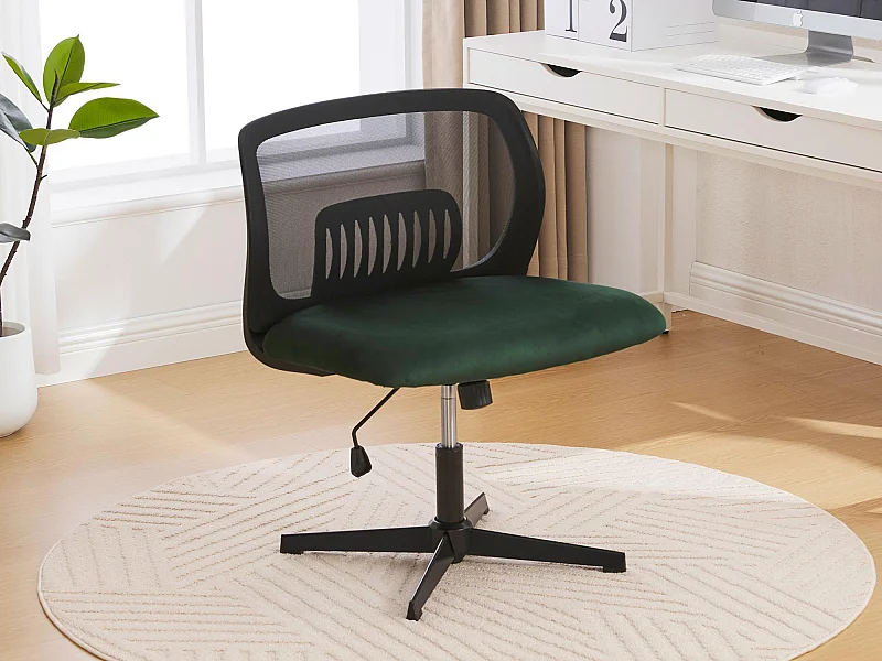 Draaifauteuil — in hoogte verstelbaar — met groene fluwelen zitting — ergonomische rugleuning