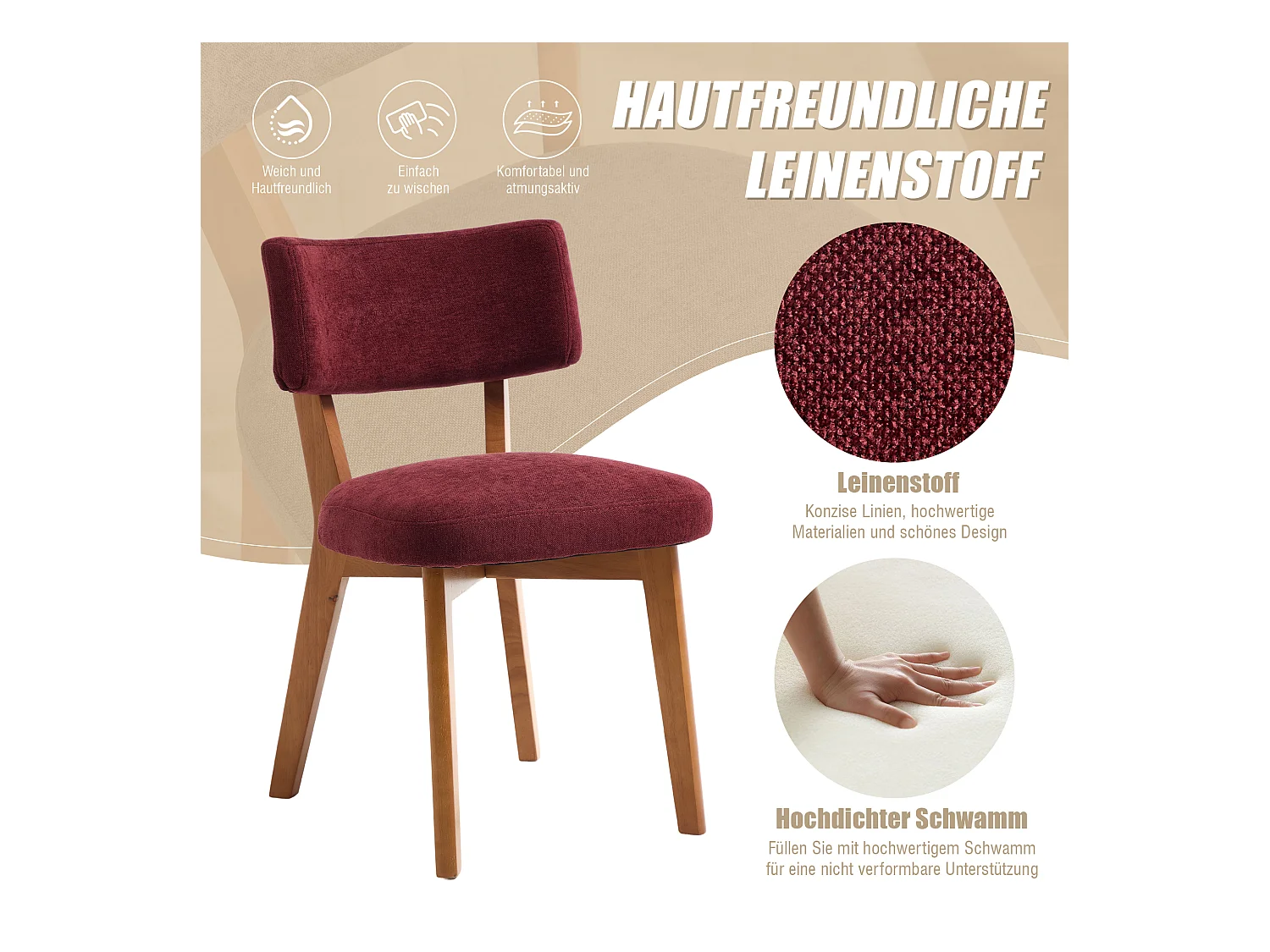 Lot de 2 chaises en bois - coussin bordeaux - élégantes et confortables - parfaites pour salle à manger ou cuisine